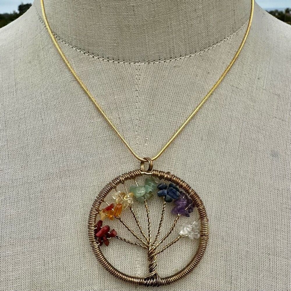 Gold tone chakra tree of life stone pendant necklace